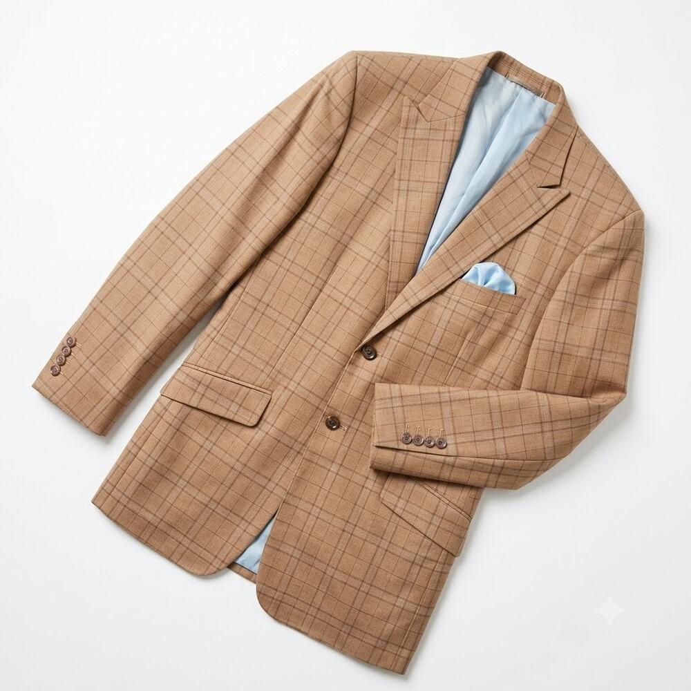 Holland & Sherry Bespoke Peak Lapel Sport Coat Tan Plaid Savile Row Mens 38R